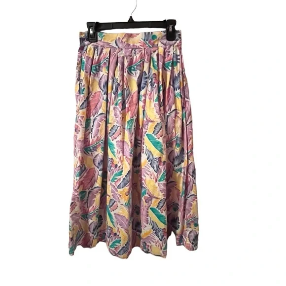 VINTAGE 80S MIDI SKIRT TROPICAL FLORAL PRINT COLORFUL PASTELS POCKETS XS - Picture 2 of 10